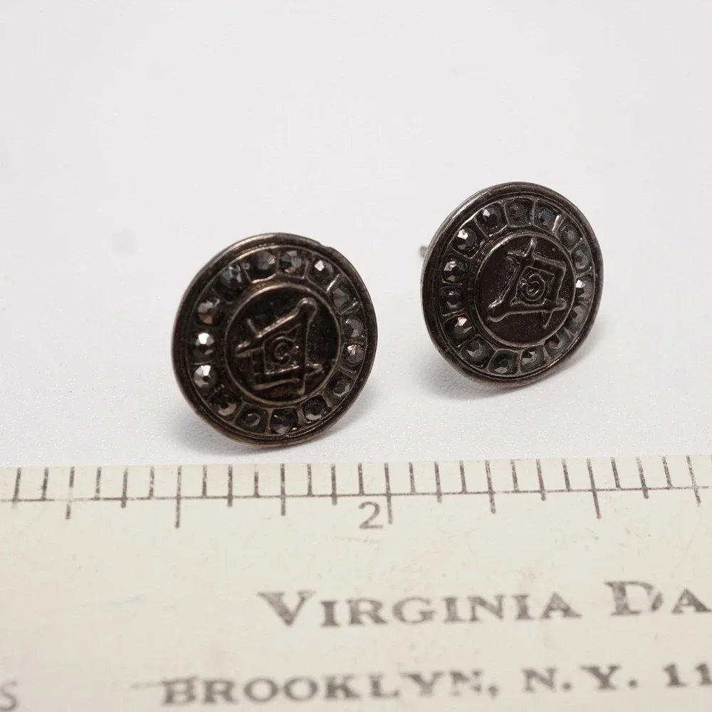 Masonic Square and Compasses Gunmetal Stud Earrings Hematite Rhinestone Circle